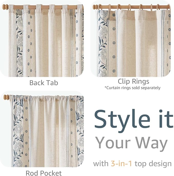 jinchan Winslow Linen Curtains for Bedroom 72 Inches Length Embroidered Bordered Floral Curtains for Living Room Farmhouse Decor Light Filtering Window Treatments Blue on Beige Drapes 2 Panels