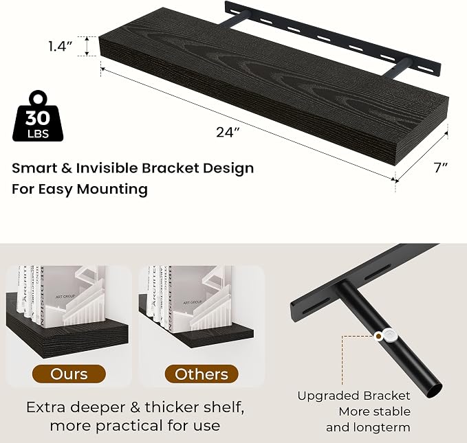 Dreamland 24Inch Black Floating Shelves 6.7" Deep Wall Mounted Set of 2 | Wall shelves for bathroom, bedroom, kitchen, deep wall mount wood storage display for home decor 24" x 6.7"