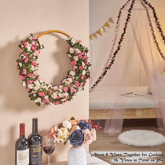 PONKING 8 Pcs x 8.2 ft Flower Garland Artificial Rose Vine Flowers with Green Leaves Hanging Fake Roses Vine for Room Party Home Wedding Birthday Christmas Wall Arch Decor, Spring Pink Flower