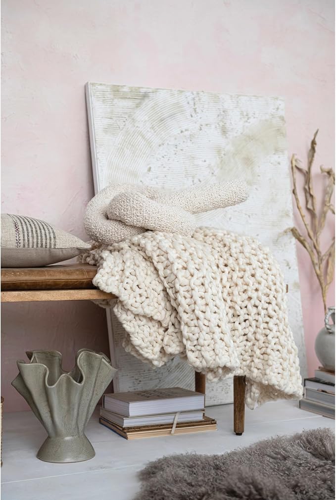 22 Inches Woven Cotton Bouclé Knot Design Pillow, Cream