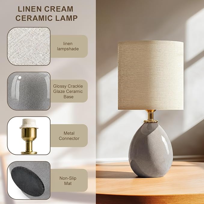 Dawnwake 18.5" Table Lamp Set of 2 for Living Room Bedroom, Bedside Lamps for Night Stands, Desk Nightstand Lamp Dimmable, Modern Linen Cream Ceramic Lamps (Grey)