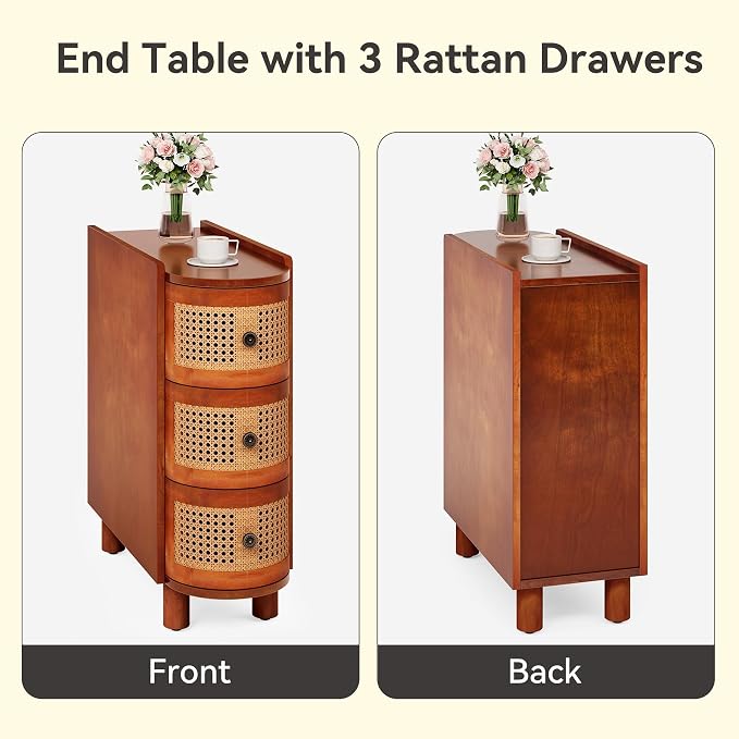 LITTLE TREE Solid Wood End Table Set of 2, Rattan Narrow Side Table with 3 Drawers, No Assembly Required, Nightstand Bedside Tables for Living Room, Bedroom, Office, Bathroom, Brown