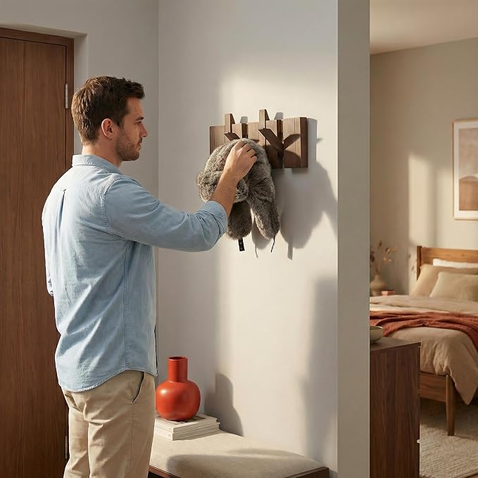 11.8" Wooden Piano Key Coat Rack Wall Mounted, 4 Hooks Natural Walnut Wall Coat Rack, Wall Mounted Coat Rack for Hanging Coats/Hats/Keys/Towels/Bags