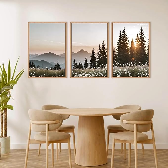 DRACIT Forest Sunlight Landscape Framed Canvas Wall Art Set,Nature Mountain Pine Tree Wall Decor,Modern Sunrise Wildflower Calming Art Printing for Living Room,Bedroom-24 x36 x3