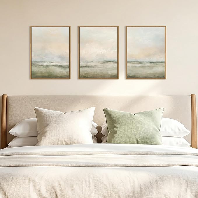 Aryroi Abstract Beige Green Landscape Framed Canvas Wall Art Set, Watercolor Natural Tan Wall Decor, Minimalist Neutral Modern Scenery Artwork for Living Room, Bedroom,Farmhouse- 12"x16"x3