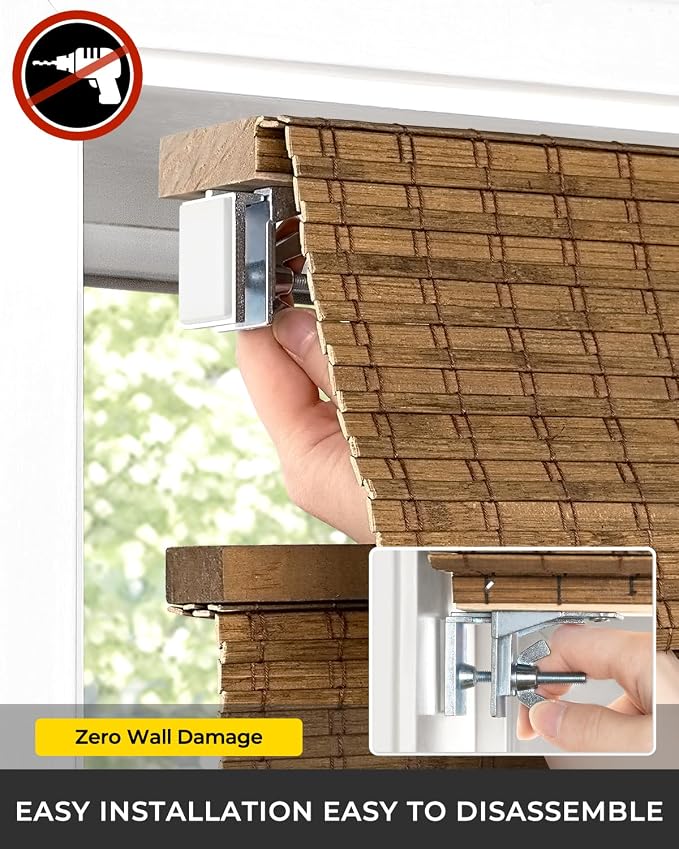 UNISHADES No Drill Cordless Bamboo Roman Shades, 35×48 in, Highfield Teak | Room Darkening Top Down Bottom Up Window Blinds for Indoor Windows