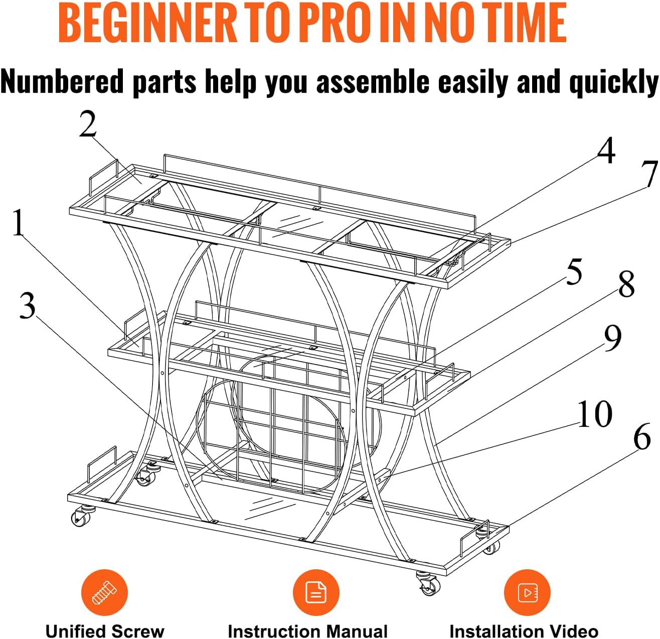 VEVOR Bar Cart Gold, 3 Tiers Home Bar Serving Cart on Lockable Wheels, Rolling Alcohol Cart with Tempered Glass Shelves Guardrail Wine Rack, Modern Wine Cart for Home Kitchen Dining and Living Room