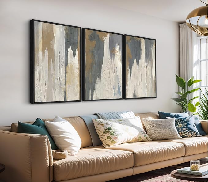 ASDCEUTICALS Large Canvas Wall Art - Gray Brown and Beige Abstract Pictures for Living Room Vintage Wall Decor Retro Artwork Black Float Framed Paintings for Bedroom Dinning Room 32" X 48" X 3 pcs
