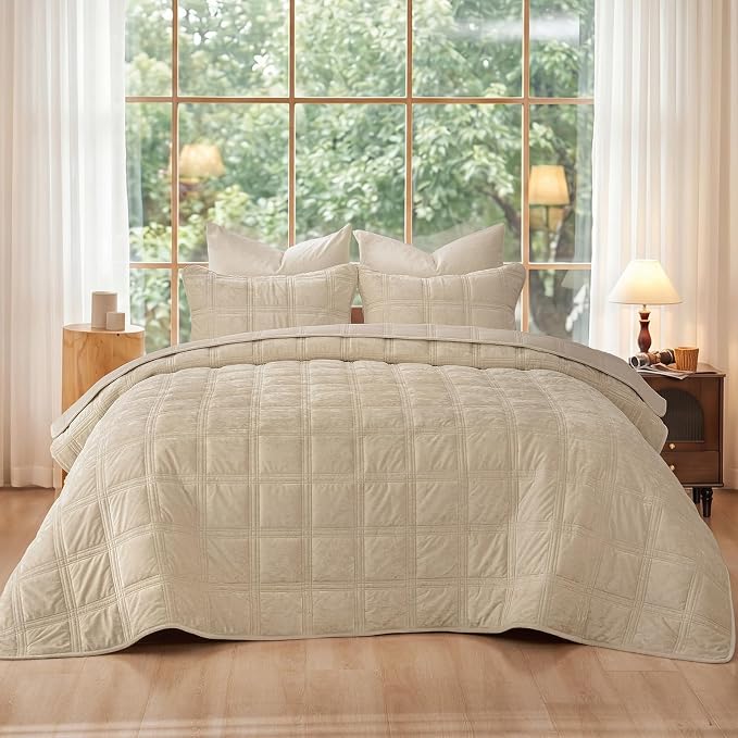 PHF Ultra Soft Velvet Quilt Set Queen Size – 3PCS Luxurious Cozy Quilted Comforter Alternative with Diamond Pattern, Warm Quilted Bedspread Coverlet, 90" x 92", Oxford Tan