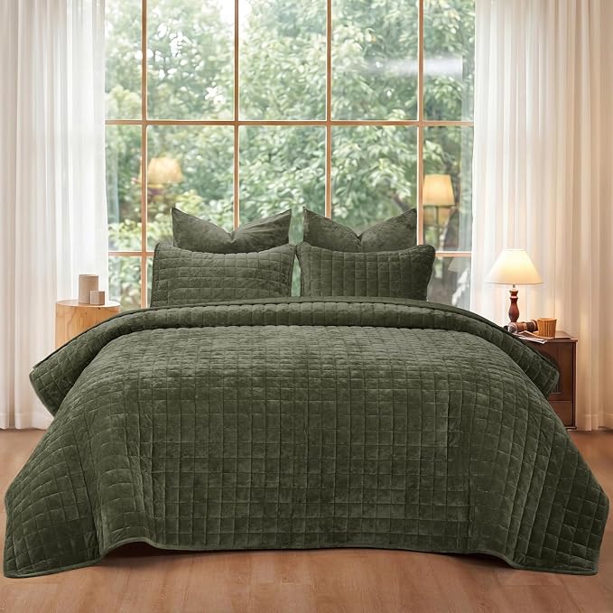 PHF Luxurious Velvet Quilt Set Queen Size – 3PCS Super Soft Quilted Comforter Alternative with Square-Box Quilt Pattern, Warm Quilted Bedspread Coverlet, 90" x 92", Smokey Olive