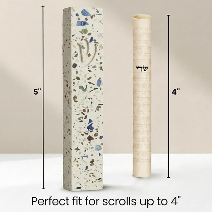SURI Mezuzah with Non Kosher Scroll for Door – 5 Inch Terrazzo Cream and Turquoise Mezuzah Case, Self-Stick Modern Mezuza Cover, Fits a 4 Inch Scroll, Gift Box Included