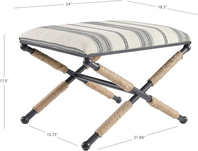 Linon Farrow Black Metal and Natural and Black Stripe Upholstered Campaign Ottoman