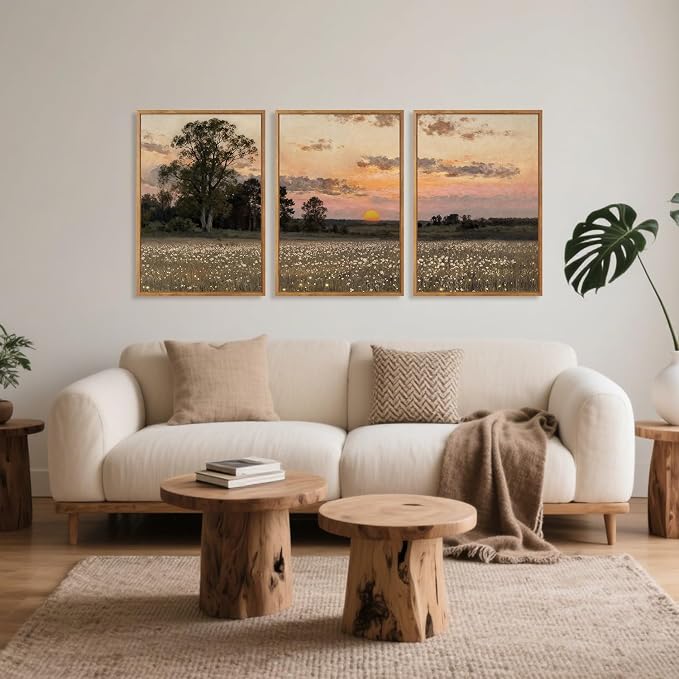 TOARTi Large Framed Countryside Landscape Canvas Wall Art, Wildflower Sunset Fireflies Painting Art Prints,Vintage Farmhouse Natural Scenery Wall Decor for Living Room Bedroom Office-24”x35”x3