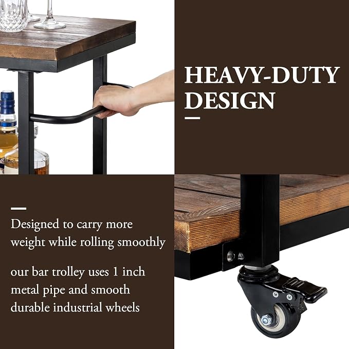 MyGift Rolling Bar Cart with Wheels, 3 Tier Home Bar Serving Cart, Drink Tea Coffee Cart for Kitchen Pantry Restaurant, Vintage Rustic Burnt Solid Wood and Industrial Matte Black Metal