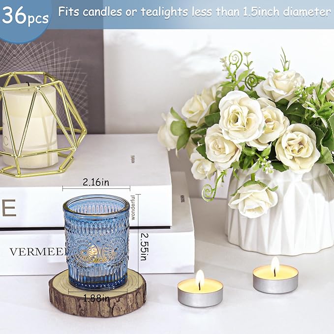 36 Pcs Blue Glass Votive Candle Holders, Tealight Candle Holders for Table Centerpieces, Vintage Candle Holder Bulk, Boho Wedding, Home, Bridal Shower, Birthday Party Table Decor (Blue)