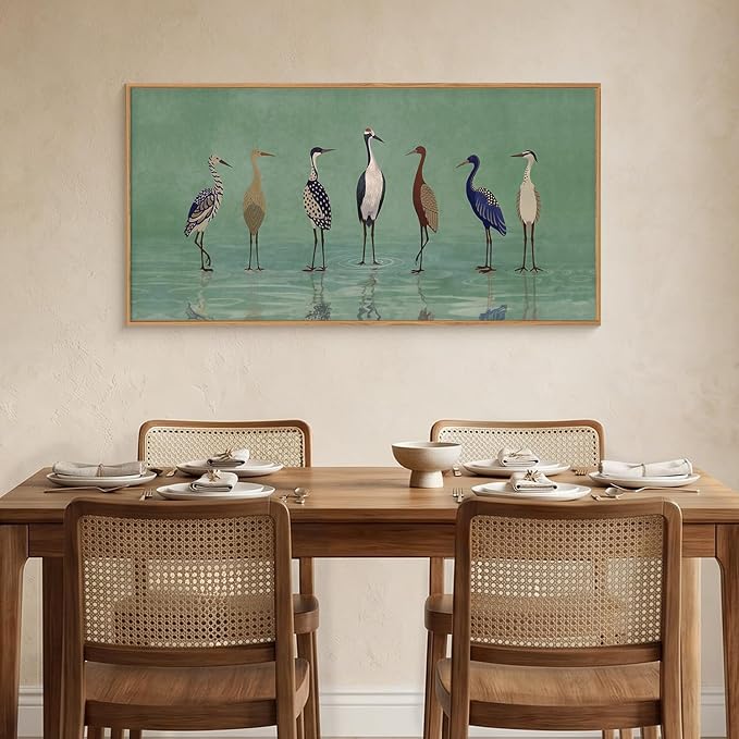 Large Vintage Birds Heron Framed Canvas Wall Art,Green Lake Wildlife Wall Decor,Minimalist Animals Art Prints,Natural Coastal Landscape Artwork for Living Room,Bedroom,Farmhouse- 20''x40''x3