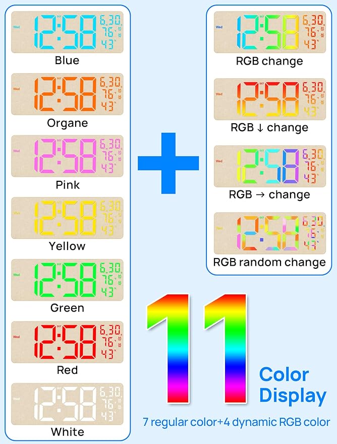 MASHI 2026 Upgrade 17.3" Large Digital Wall Mount Clock, Digital Clock with Remote Control, Alarm, Big LED, RGB Color, DST, Temperature for Living Room,Classroom, Bedroom, Decor (Beige)