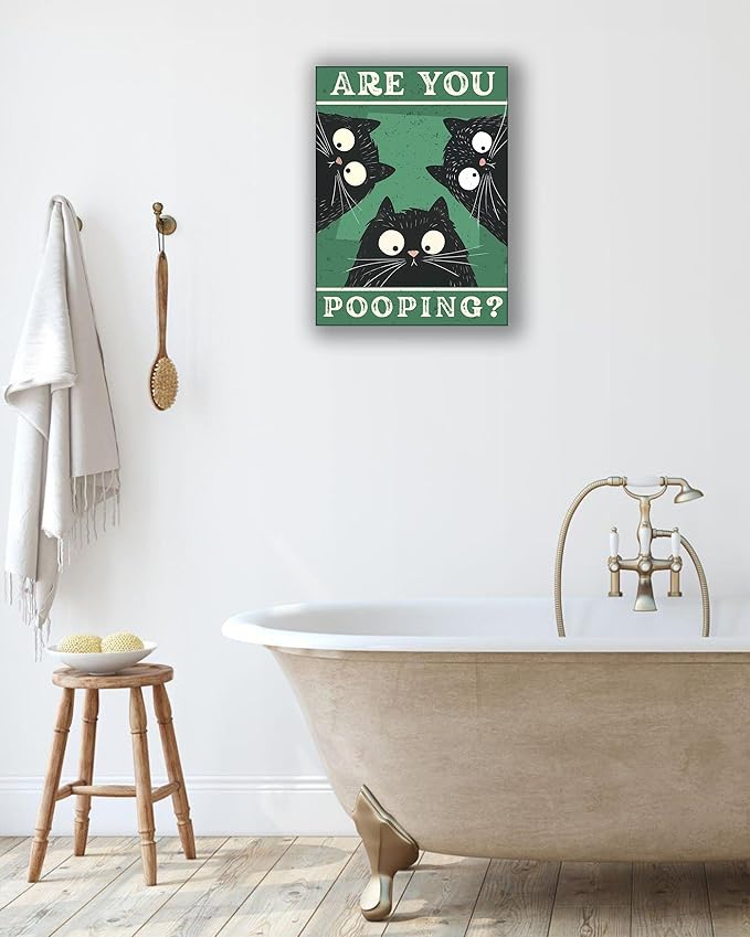 UPWOIGH Funny Are You Pooping Black Cat Bathroom Wall Art, 3 Cats Humor Quote Poster, Green Background Bathroom Decor, Wood Framed Canvas 12x16 Inch
