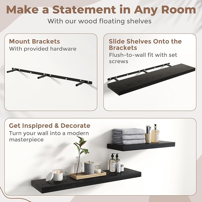 55 Inch Floating Shelves for Wall with Invisible Brackets Set of 2, 12"D Engineered Wood Wall Shelves with Wood Grain for Living Room, Bedroom, Bathroom, Kitchen Decor and Storage, Black Finish
