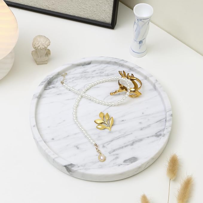Decorative Round Marble Tray with Anti-Slip Pads, 10 Inches Diameter, Natural White Stone Vanity Organizer (Large)