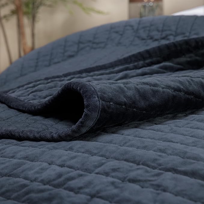 ELEGANT LIFE HOME Reversible Royal Cotton Velvet Pic-Stitch Bedding Quilt - King Size - 108'' x 92'' Dusty Blue