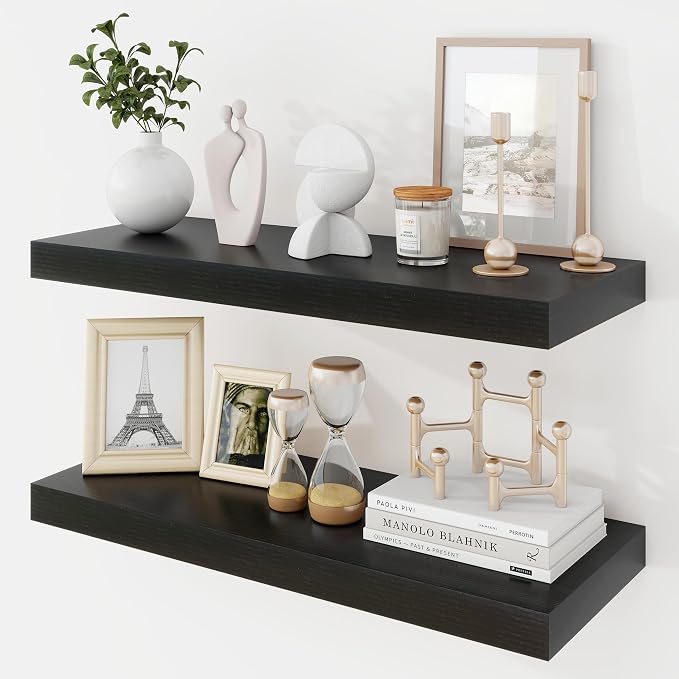 Acovy 24 Inch Floating Shelves, 9.3" Deep Floating Shelf Wall Mounted, 24" Wall Shelves, Rustic Deep Bookshelf, Large Display Shelves & Storage Shelves for Bedroom, Living Room, Black, Set of 2