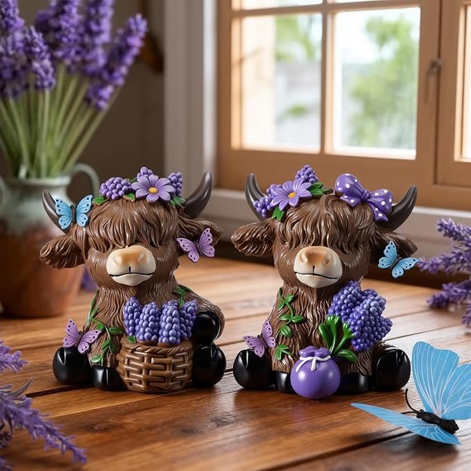 Wesiti 2 Pcs Mother's Day Lavender Highland Cow Figurines Gifts for Mom, Purple Scottish Gnome Resin Statue for Spring Summer Home Garden Kitchen Office Tiered Tray Decor