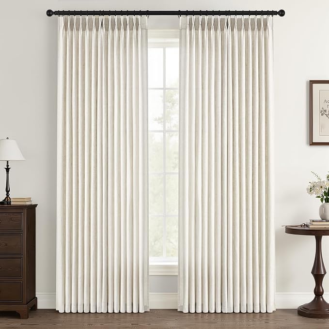 Natural Pinch Pleated Linen Curtains 96 Inches Long for Living Room Bedroom Birch Thick Linen Textured Memory Trained Light Filtering Back Tab Pleated Cream Drapes with Hooks Rings 8 FT