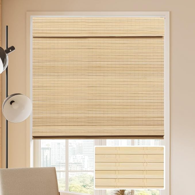 LUCKUP Cordless Bamboo Roman Blinds Shades for Indoor Windows-Blackout Room Darkening Roman Blinds with 6" Valance Cover Enhanced Privacy, 34" W x 64" H
