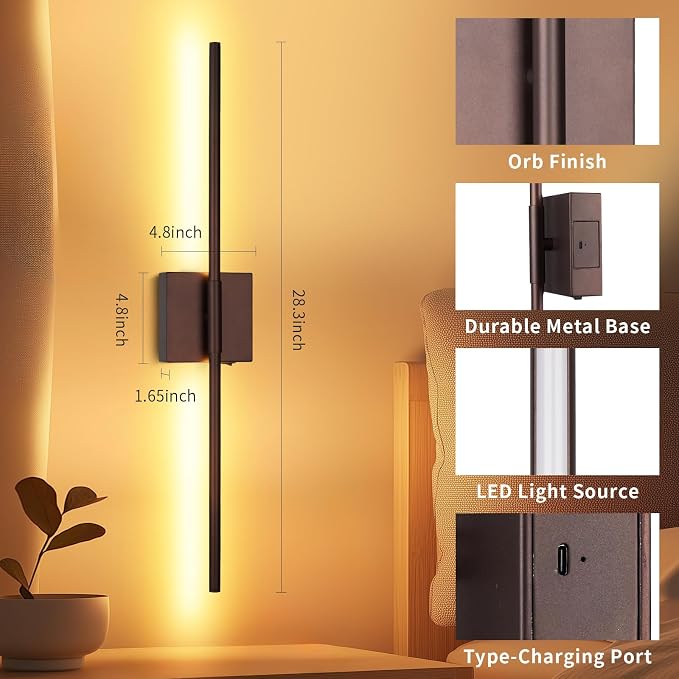 Battery Operated Wall Sconce Set of Two with Remote Control, Rechargeable & Dimmable Wireless, Easy Install Peel and Stick, Timer Function, Linear Wall Lights for Living Room, Bedroom, 28.3 inch (Orb)