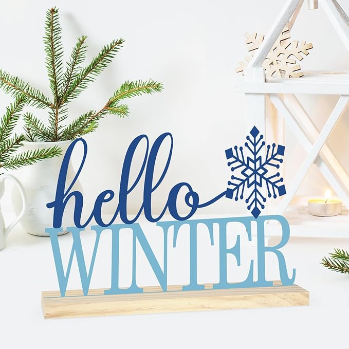 COCHIE Metal Hello Winter Sign, Snowflake Table Centerpieces Decorations for Home, Office, Shelf, Mantel, Indoor, Navy Blue Party Decor Supplies (Winter)
