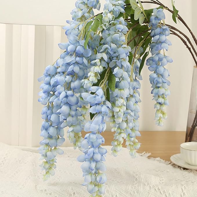 4pcs 47.2-inch Artificial Fake Wisteria Hanging Flower Garland Silk Flower String Home Party Decoration White Blue Pink Purple (Blue)