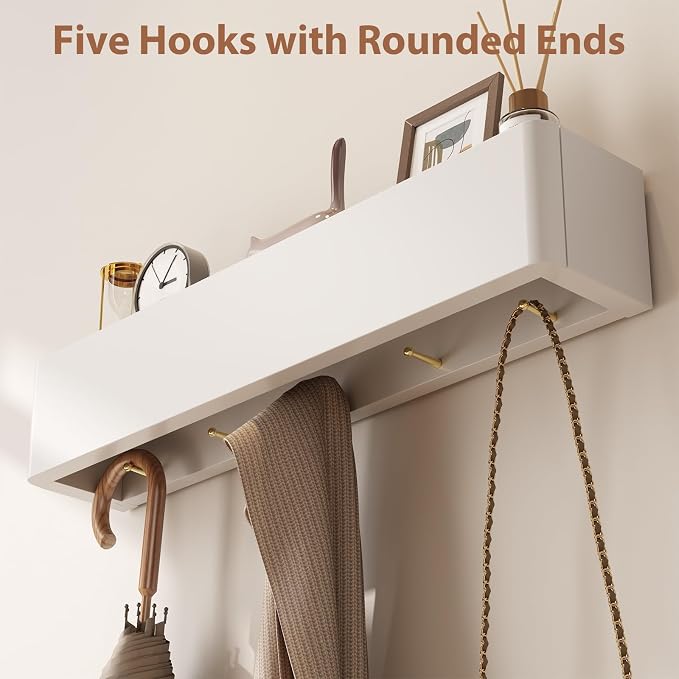 CycleCrew Solid Wood Wall Mounted Coat Rack with Shelf Hooks - Modern Floating Shelves with 5 Hidden Hooks, Heavy Duty Entryway Coat Key Holder Hanger for Hallway Bathroom Bedroom Home Decor