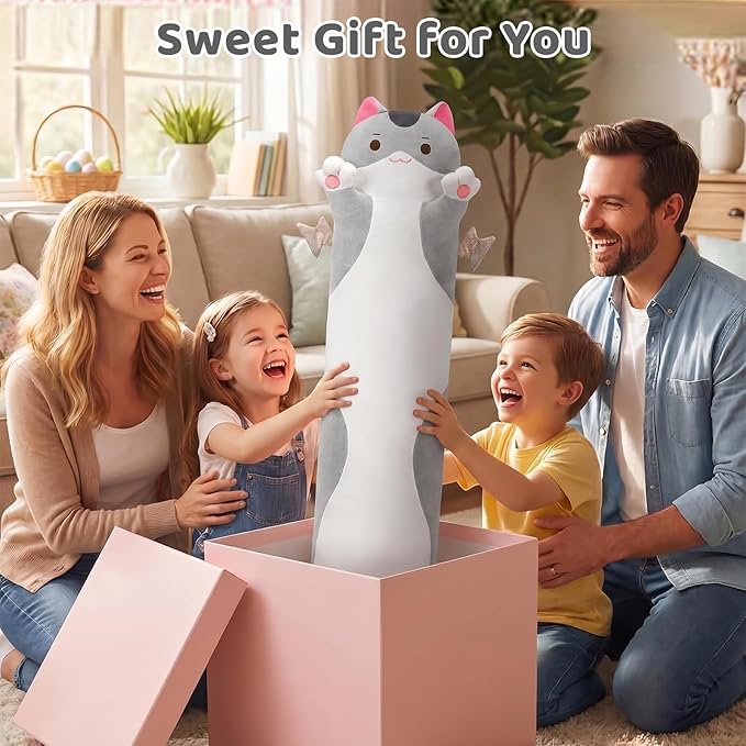 Mewaii Long Cat Plush 5 Sizes, 120% Extra Filling Giant Plushness Kids Body Pillow, Kawaii Cute Grey Cat Stuffed Animals Plushies, Big Long Body Pillow Cat Plush Gift for Girls 53”