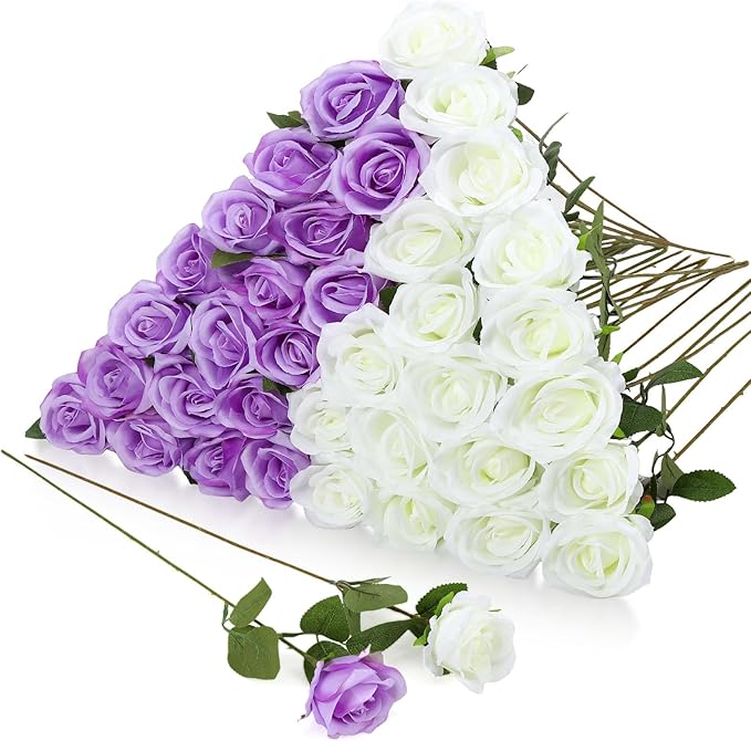 36 Pcs Silk Purple White Rose Bouquet Bridal Artificial Flowers,Fake Rose Long Stem Realistic Flowers Bulk for Wedding Bouquet Ball Arrangement Centerpiece Party Decor