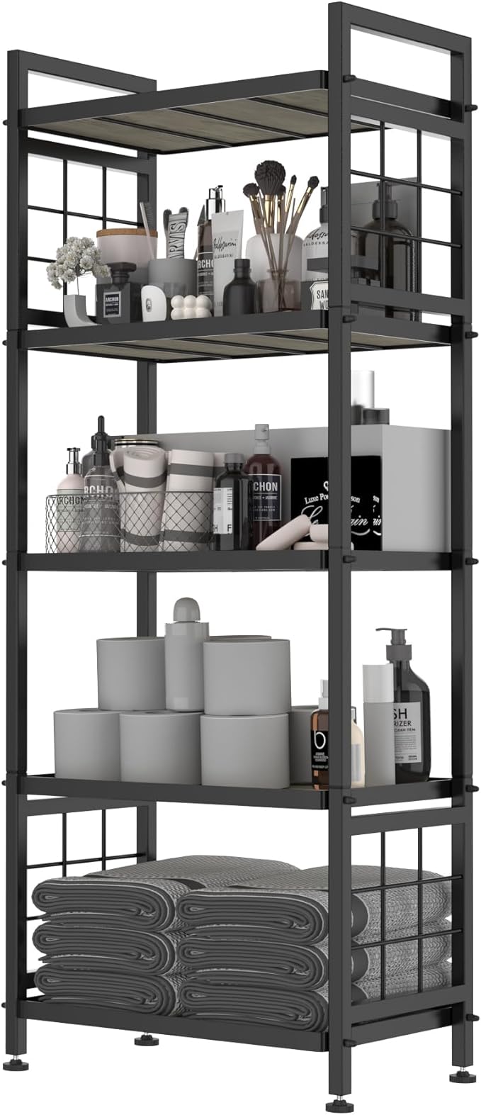 GIOTORENT 5-Tier Pantry Shelves with Wooden Boards, Heavy Duty Storage Shelves & Book Shelf, Adjustable Metal Shelving Unit for Kitchen Bathroom Laundry Organizer, Sturdy Rust-Resistant, Black