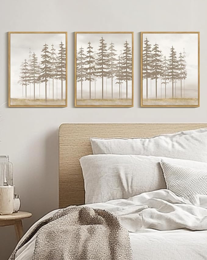 PHOPAGO Watercolor Foggy Pine Tree Framed Wall Art Nature Abstract Misty Forests Wall Decor Farmhouse Rustic Paints for Kitchen Bathroom - 11x14in Natural Framed