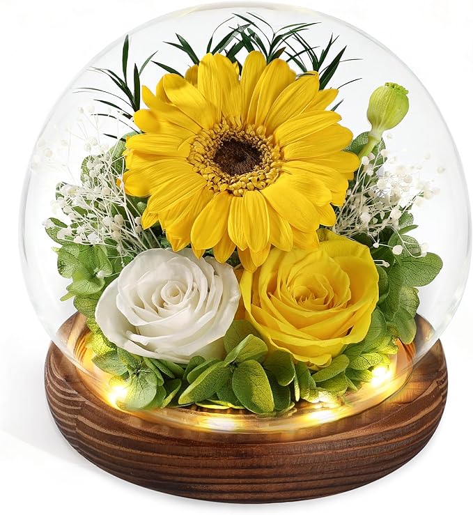 FIACO Sunflower Gifts for Women Valentines Day Preserved Forever Eternal Flower Rose in Glass Fresh Flowers for Delivery Mothers Day Birthday Gift for Mom Grandma Sister Wife Her Girlfriend Decor