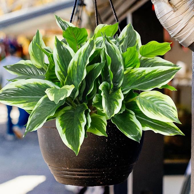 6PCS Artificial Tropical Green Plants – 15.75" Fake Hostas Outdoor Artificial Plants, UV Resistant, Faux Green Leaf Stems for Porch, Patio, Balcony, Garden Planter or Indoor Décor