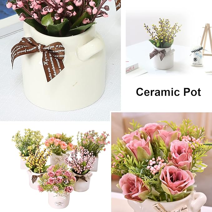 LUEUR 6Pcs Artificial Flowers with Ceramic Pot Fake Flower Arrangements Small Faux Spring Flowers in Vase Spring/Summer Decor, Centerpiece Table Decorations for Easter Home Office Shelf