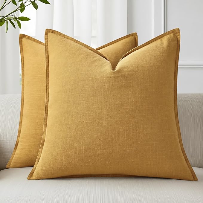 decorUhome Summer Decorative Linen Throw Pillow Covers 16x16 Inch Set of 2 Mustard Yellow Pillow Covers with Flange Edges Soft Farmhouse Boho Accent Pillow Cases for Couch Bed Living Room