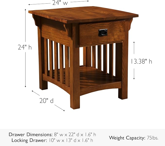 Leick Home Mission End Table, Solid Wood, 1 Storage Drawer, Additional Secret Compartment, Bottom Display Shelf, Easy-Assembly, Medium Oak, 20.0 in. L x 24.0 in. W x 24.0 in. H, 8222-SC
