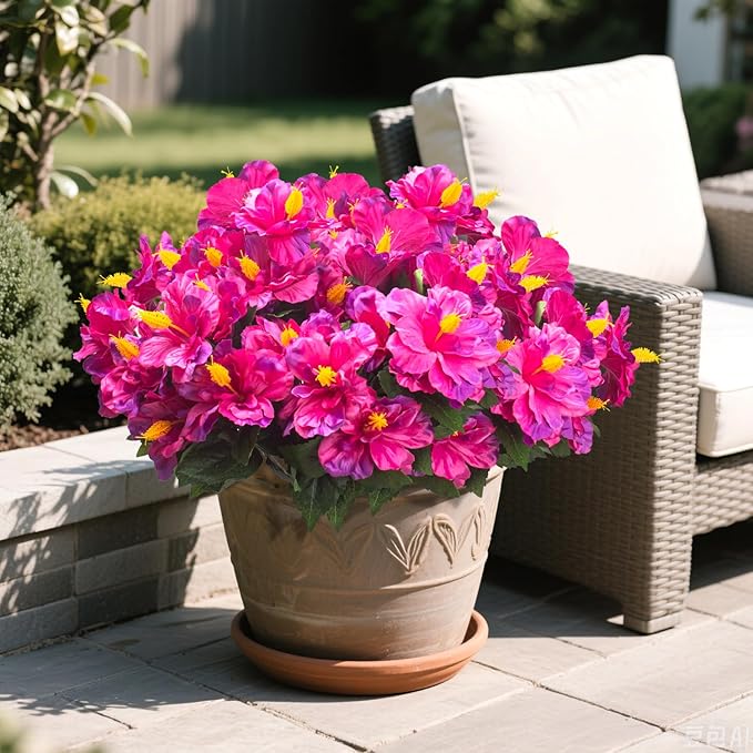 Grunyia Artificial Hibiscus Flowers for Outdoors, Silk Tropical Flowers, UV Resistant Faux Plants, 5 Bundles for Planter Patio Porch Garden (Fuchsia)