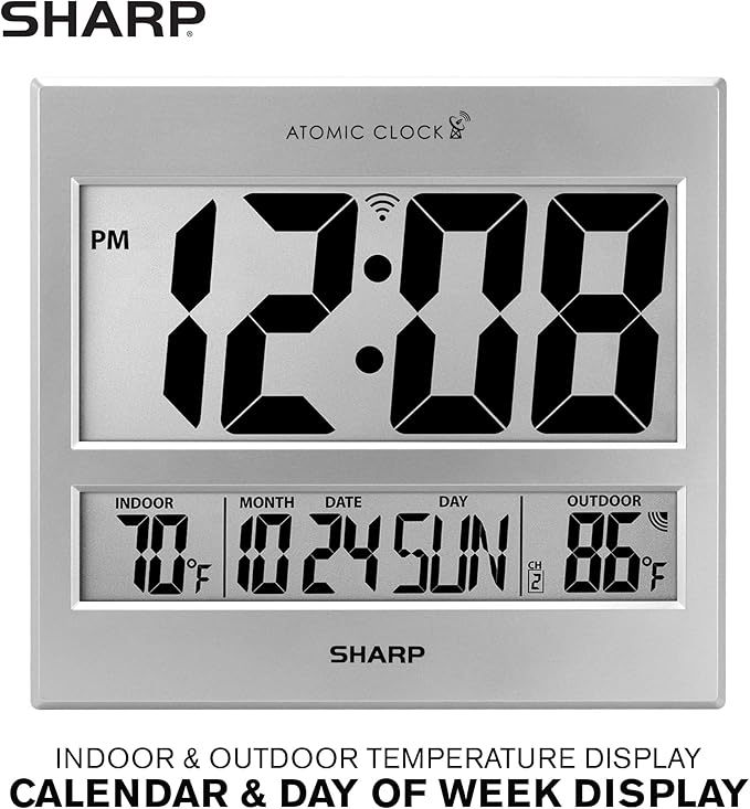 Sharp Atomic Clock - Atomic Accuracy - Never Needs Setting! -Silver Tech Style - Jumbo 3" Easy to Read Numbers - Indoor/Outdoor Temperature Display with Wireless Outdoor Sensor - Easy Set-Up!