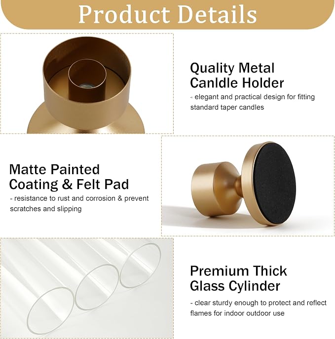 Hurricane Glass Candle Holders, Set of 6 Metal Taper Candlesrick Holders for Centerpieces Tall Gold Candle Stands Bulk with Glass Cylinder for Wedding Birthday Party Table Decor