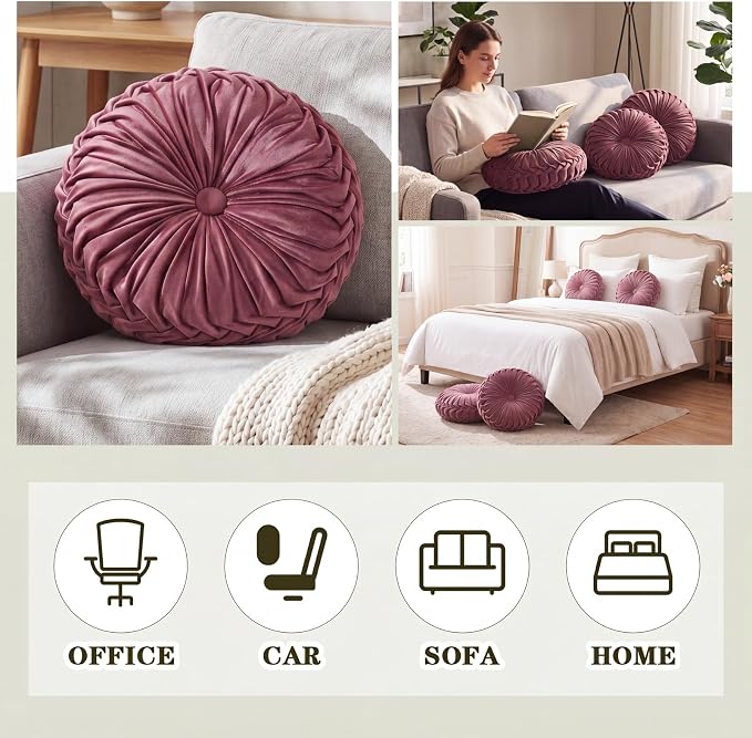 Drydiet 1 Pcs Round Throw Velvet Pillows Decorative Pleated Throw Pillows Diameter Accent Pumpkin Boho Chair Cushion for Couch Sofa Home Decoration (Mauve Rose,15'')
