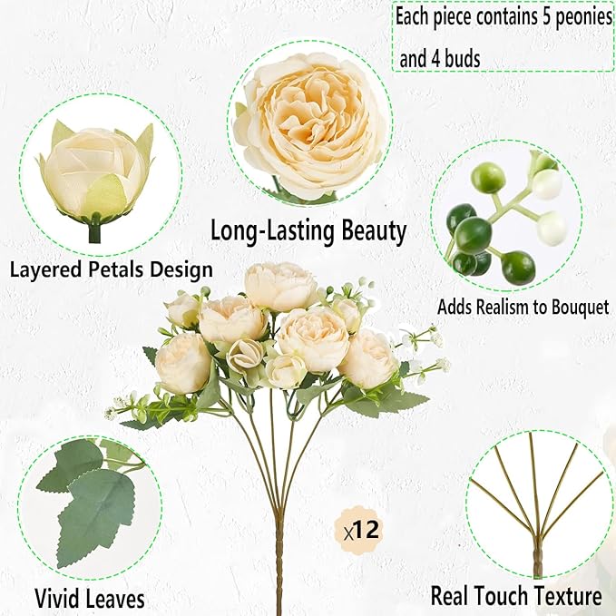 Peonies Artificial Flowers 12 Bundles Pink Flowers Bouquet, Lifelike Silk Fake Peonies with Stems for Home Table Centerpieces, Wedding, Party & DIY Bridal Floral Arrangements (Champagne)