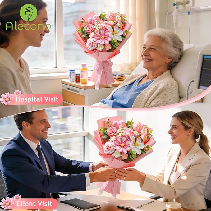 Alecono Large Crochet Flower Bouquet, Pink Knitted Flowers, Crochet Tulip Galsang Flower for Valentines Day Lover Anniversary Birthday Party Mother's Day Graduation Gifts (Include Card)