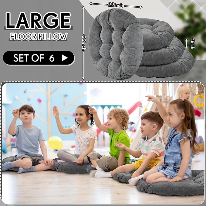 Jerify 6 Pcs Floor Pillow Cushions Large Round Square Large Meditation Floor Pillow for Classroom Adult Meditation Picnic Party Seating Learning Daycare School (Round,Dark Grey)