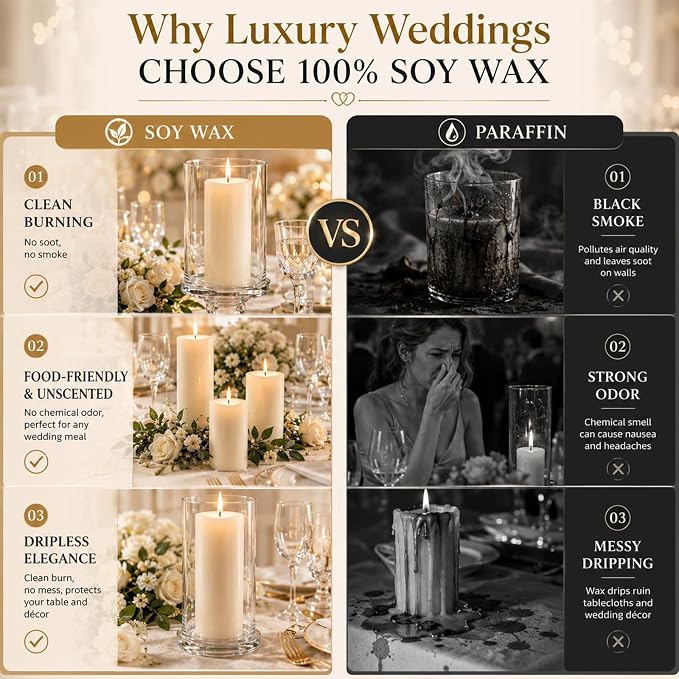 Soy Wax Pillar Candle Set of 18,Unscented White Pillars (2x3, 2x6, 2x8 in) & 12 Tea Lights, Long Clean Burning, Smokeless Natural Soy Candles for Wedding, Party, Home,Dinner Table, Emergency